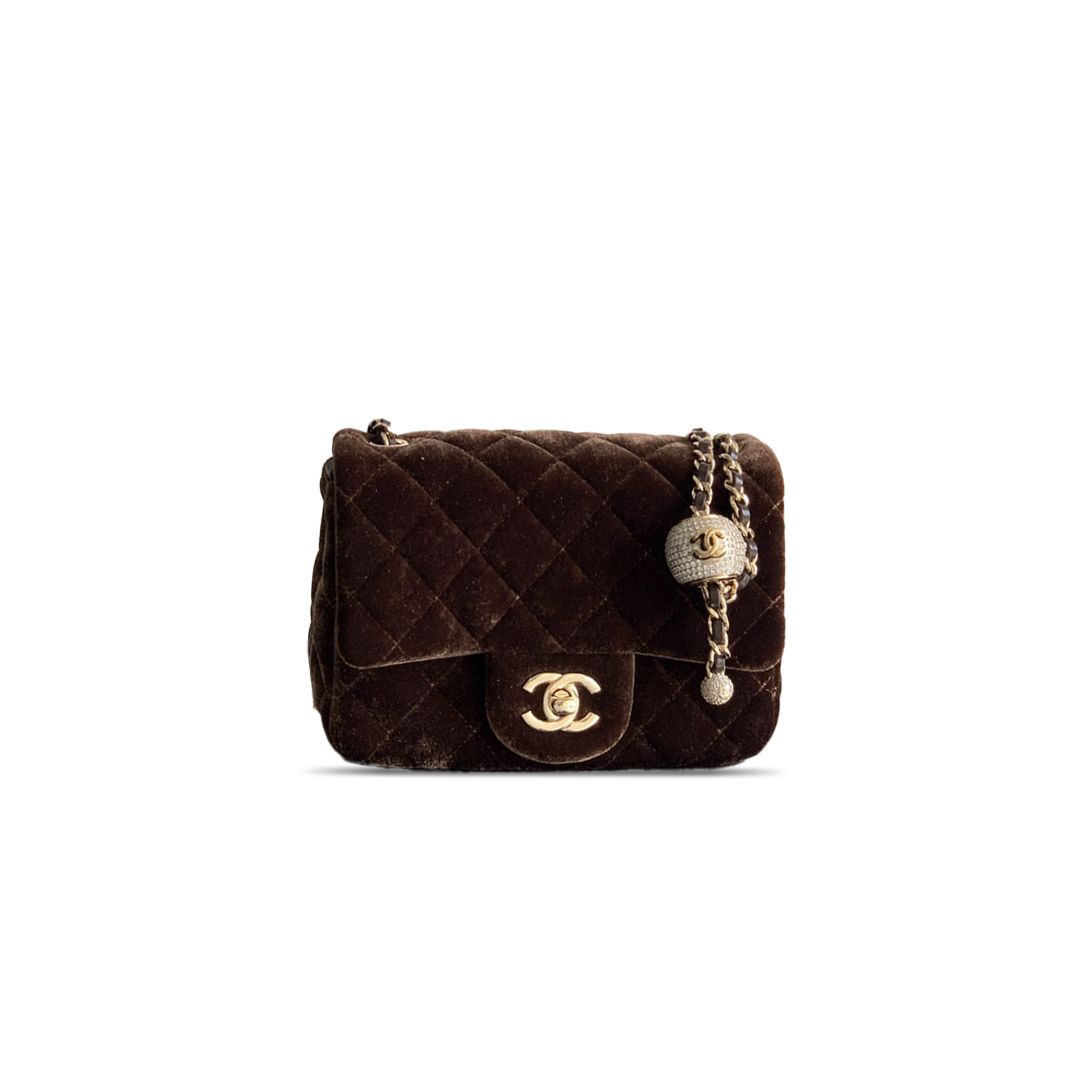 CHANEL MINI FLAP BAG VELVET, DIAMANT & GOLD-TONE METAL COFFEE BROWN AS1786 (18*13*7cm)